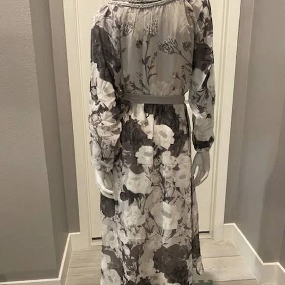 Badgley Mischka Gray & Cream Floral Maxi Dress Braided Neckline MEDIUM  NWT $160 - Picture 2 of 2